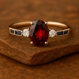 Oval Garnet Engagement Ring | Vintage Red Garnet Ring with Diamond Accents | Gold Garnet and Sapphire Ring | January Birthstone Ring
