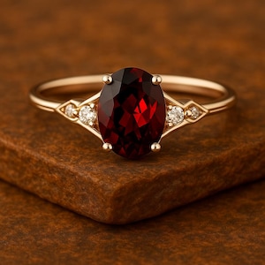 Vintage Garnet Engagement Ring Oval Red Garnet and Diamond Ring Yellow Gold Garnet Ring  January Birthstone Ring Art Deco Ring