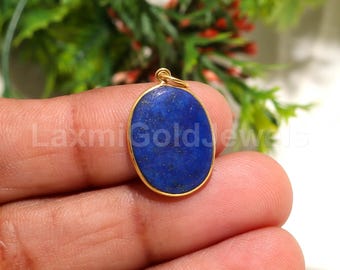 18K Solid Gold Lapis Lazuli Oval Charm Pendant, Minimalist Blue Gemstone Charm