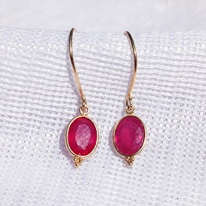 Natural Pink Ruby Dangle Earrings, Solid 18k Gold, Oval Shape Earrings, July Birthstone, Handmade Dangle Drop Earrings, Solid Gold Earrings,