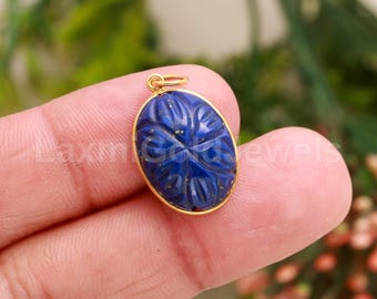 Natural Lapis Lazuli Carving Charm, Solid 18K Gold Pendant, Handmade Jewelry