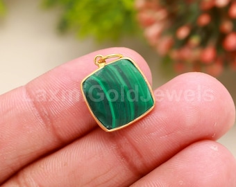 Colgante de malaquita verde natural con forma de cojín, colgante de oro macizo de 18 quilates, joyería artesanal de malaquita AA.