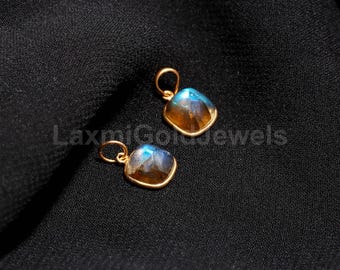 18K Gold Blue Labradorite Charm, Handmade Cushion Pendant