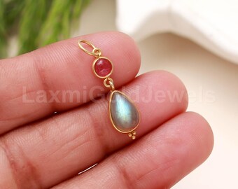 Natural Labradorite Charm, Solid 18K Gold Charm, Solid Gold Charm, Charm Pendant, AA Tourmaline Charm, Minimalist Charm, Handmade Gold Charm