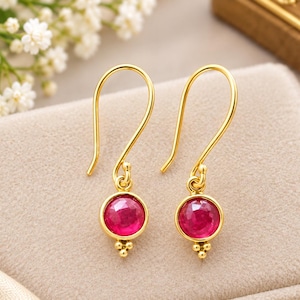 Natural Pink Ruby Dangle Earrings, Solid 18k Gold, Round Shape, July Birthstone