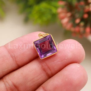 Natural Amethyst Gold Charm, 18k Solid Gold Charm, Amethyst Square Charm, Gold Charm, Charm Pendant, Handmade Gold Charm, Birthstone Charm,