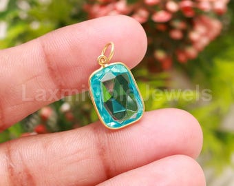 18k Solid Gold Swiss Blue Topaz Charm Pendant, Rectangle Cut Gemstone Jewelry