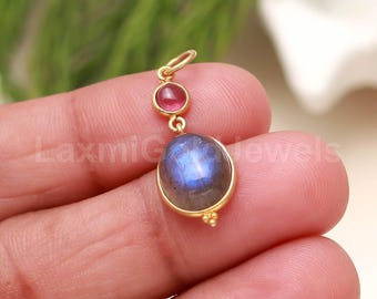 Natural Blue Labradorite Charm, Solid 18K Gold Charm, Solid Gold Charm, Charm Pendant, Tourmaline Charm, Gold Charm, Handmade Gold Charm,
