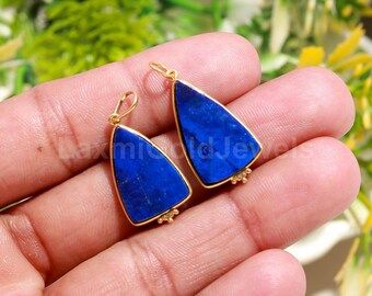 18K Gold Lapis Lazuli Charm Pendant, Handmade Isosceles Gemstone