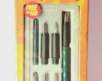 Juego de caligrafía vintage NOS Platinum Green, nuevo en caja, con plumín Artisan, fabricado en Gran Bretaña.