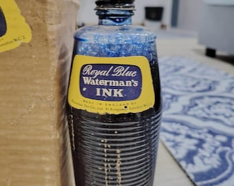 Tinta azul real Waterman's, rara de las décadas de 1920 y 1930: botella GRANDE con caja original. Envío por FedEx.