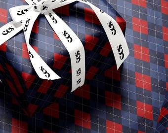 Luxury Vintage Christmas Argyle Gift Wrapping Paper: Classic Navy & Red Plaid