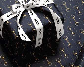 Papel de regalo con diseño de caballo azul marino y dorado, acabado brillante o mate, elegante papel de regalo de lujo.