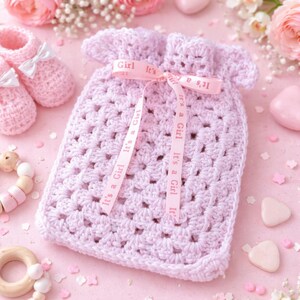 Pink Hand Crocheted Baby Girl Gift Bag with Drawstring Ribbon Closure - Handmade