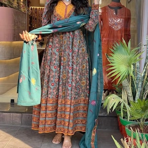 Designer Blue Cotton Anarkali Kurti pant and Dupatta Set Designer Kurti Set Kurti Dupatta Set Punjabi Kurti Suit Summer Wear Kurti 3PC kurti