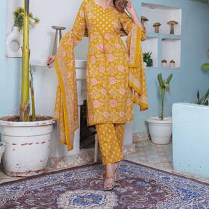 Designer Indian Cotton Kurti Pant and Dupatta Set Designer Kurti Set Kurti Dupatta Set Printed Kurti Set Punjabi Kurti Suit Yellow Kurti Set