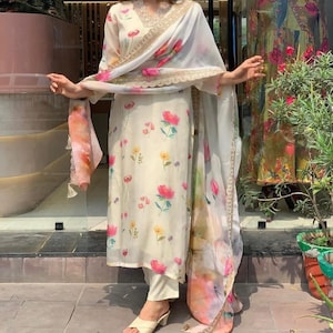 Buy Chanderi A Line Kurti Pant With Dupatta Suit Designer Kurti Set Kurti Dupatta Set Punjabi Kurti Suit Printed Kurti Set Summer Wear Kurti