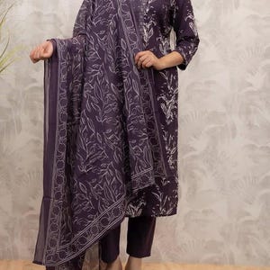 Pakistani Cotton Purple Anarkali Kurti Pant With Dupatta Set Designer Kurti Set Kurti Dupatta Set Summer Wear Kurtis Indian Wedding Dresses