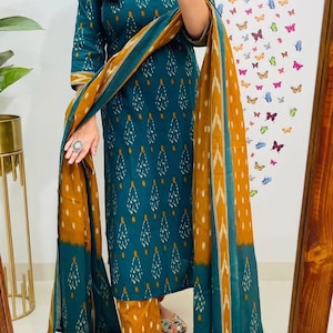 Pakistanische Baumwolle Grün Kurti Hose und Dupatta Set Designer Kurti Set Indische Hochzeitsset Kurti Dupatta Set SummerWear Kurti Gedruckt Kurti Set
