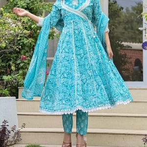Indian Cotton Blua Anarkali Kurti Pant With Dupatta Set Designer Kurti Set Kurti Dupatta Set Kurta For Women Cotton Kurti Suit 3PC Kurti Set