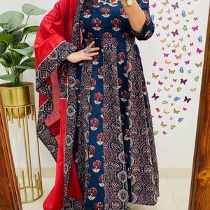 Designer Blue Cotton Anarkali Kurti Pant With Dupatta Set Kurti Dupatta Set Indian Wedding Set SummerWear Kurti Blue Anarkali Suit 3PC Kurti