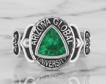 Handmade High School Class Ring 2026, Custom Silver Graduation Ring with Green Stone, Personalized Alumni Jewelry Gift, Enamel Ring