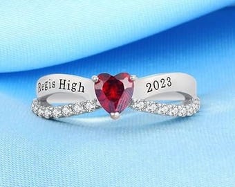 Custom High School Class Ring with Heart Birthstone, Personalized Senior Graduation Gift for Her, 2026 Memento Jewelry, High School Ring