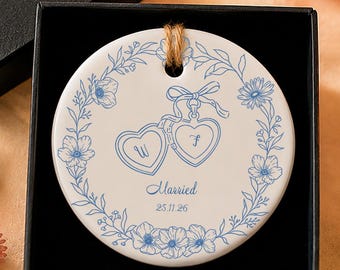 Personalized Wedding Ornament, Custom Ceramic Couple Keepsake, First Christmas Married Gift, Engagement Ornament, Newlywed Christmas Decor