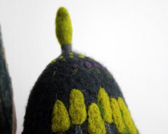 Felted wool mini world soft sculpture of a hill and tree with flowers