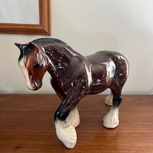 Vintage Ceramic Shire Horse Figurine | Brown Glazed | Country Cottage Farmhouse Decor | Equestrian Collectable