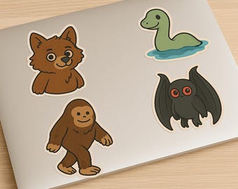 Hoja de pegatinas de adorables criaturas críptidas: Pie Grande, Hombre Polilla, Nessie, Hombre Lobo (Descarga digital)