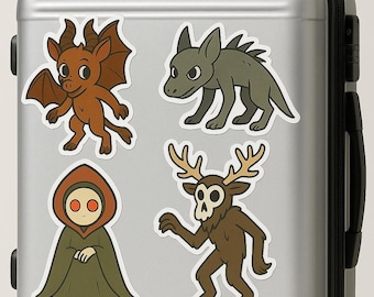 Hoja de pegatinas imprimibles de críptidos: Diablo de Jersey, Chupacabras, Monstruo de Flatwoods y Wendigo. Descarga digital (8,5 x 11)
