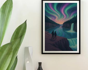 Impresión de la aurora boreal: Cascada en el acantilado, arte natural canadiense (descarga digital)