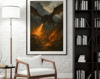 Arte mural de fantasía: Infierno desde la montaña / Ataque de dragón (Descarga digital)