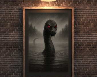 Arte mural del monstruo del Lago Ness: Escena de lago críptica en tono negro (descarga digital)