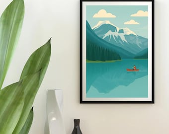 Impresión de canoa en el lago Esmeralda: arte minimalista de montaña canadiense, escena tranquila de la naturaleza (descarga digital)