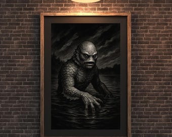 Arte mural críptico de Fishman - Estilo vintage de terror negro (descarga digital)