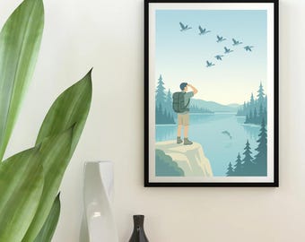 Impresión minimalista de la naturaleza canadiense: excursionista, gansos y esturión / Arte mural de naturaleza pastel (descarga digital)