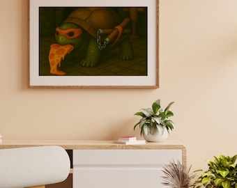 Tortuga guerrera amante de la pizza / Impresión digital semirealista (descarga digital)