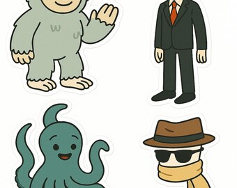 Hoja de pegatinas de adorables criaturas críptidas: Yeti, Kraken, Slenderman (Descarga digital)