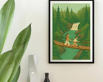 Impresión minimalista de un puente forestal: Madre e hijo en Manitoba / Arte mural natural (descarga digital)