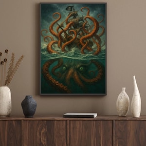Pirate Ship vs Kraken – Epic Nautical Battle Digital Art Print | Ocean Fantasy Wall Decor | Instant Download