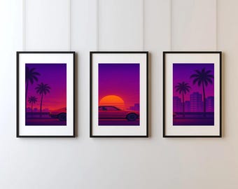 Miami Night Drive – Tríptico de pared Synthwave / (Descarga digital)