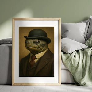 May include: Framed portrait of a turtle wearing a black bowler hat, a brown suit, and a red tie. The turtle has a serious expression and is set against a sepia-toned background. The artwork is displayed in a wooden frame.