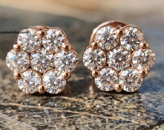 Sparkling Moissanite Cluster Stud Earrings Unique 14K Rose Gold Flower Design Round Cut Diamond Look Bridal Earrings Jewelry Gift for Her