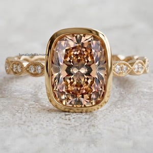 Champagne Elongated Cushion Cut Moissanite Engagement Ring, Bezel Set Ring, Pave Band, Solid Gold Promise Ring Antique Jewelry Gift for Her