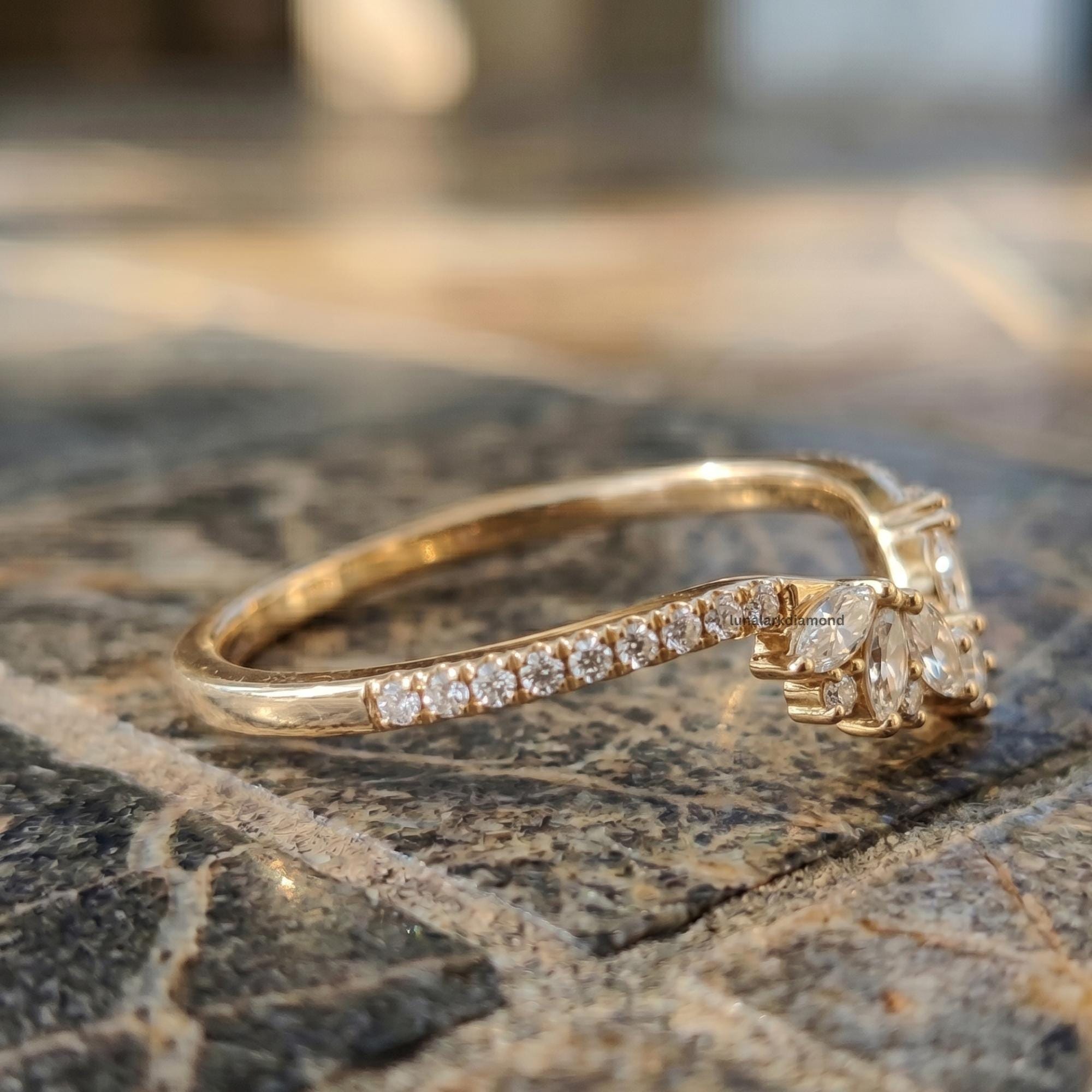 Marquise Cut Moissanite Wedding Band Curved Diamond Ring Yellow Gold ...