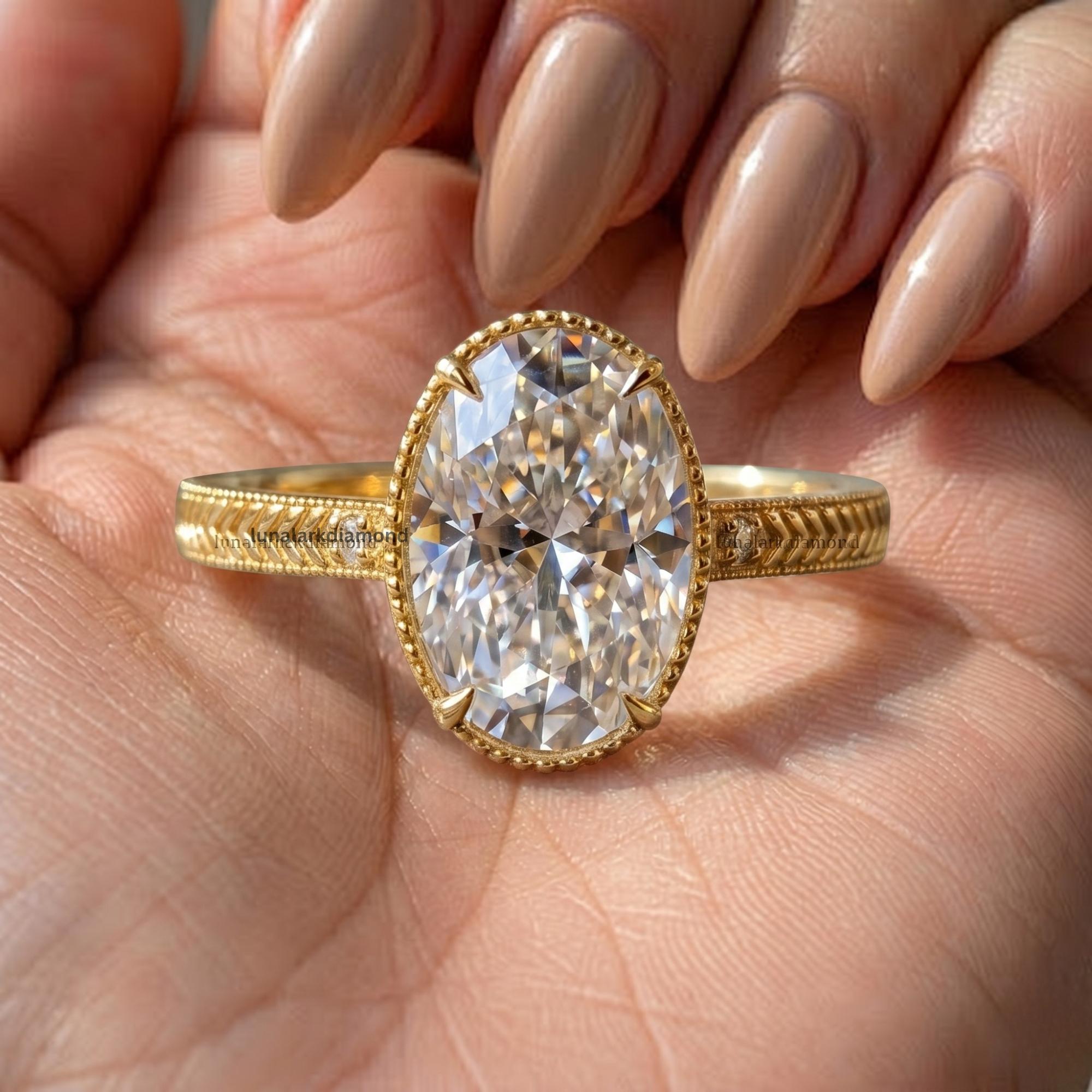 Oval Cut Moissanite Engagement Ring in Yellow Gold Bezel Set Milgrain ...