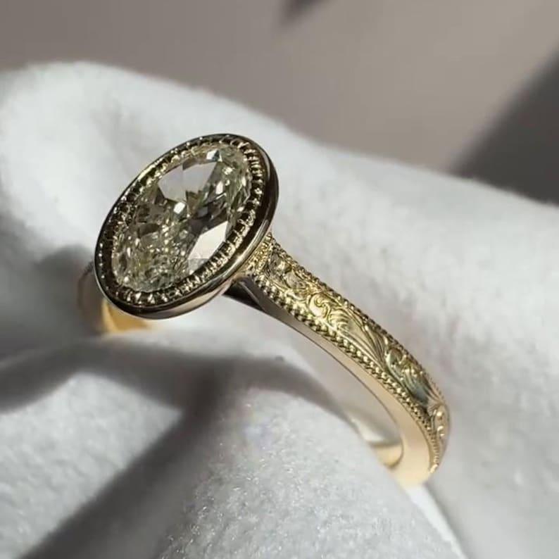 Vintage Oval Cut Moissanite Engagement Ring Gold Bezel Setting Antique ...