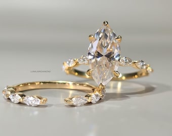 Marquise Cut Moissanite Engagement Ring Set in Yellow Gold with Marquise and Round Accent Wedding Band Bridal Jewelry Women’s Wedding Ring